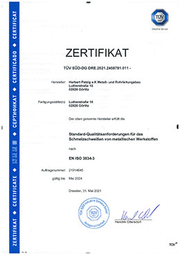 Zertifikat nach EN ISO 3834-3 